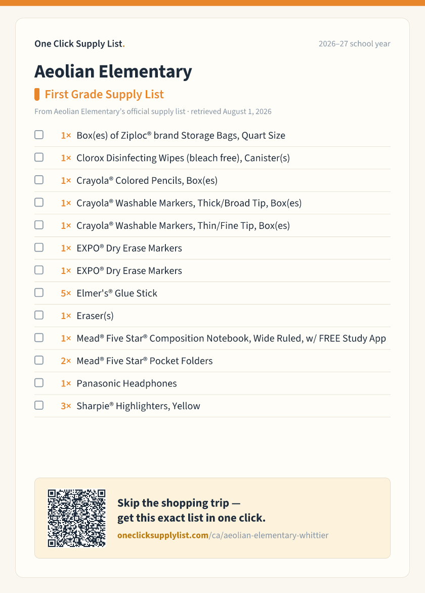 Aeolian Elementary First Grade Supply List supply list — printable image