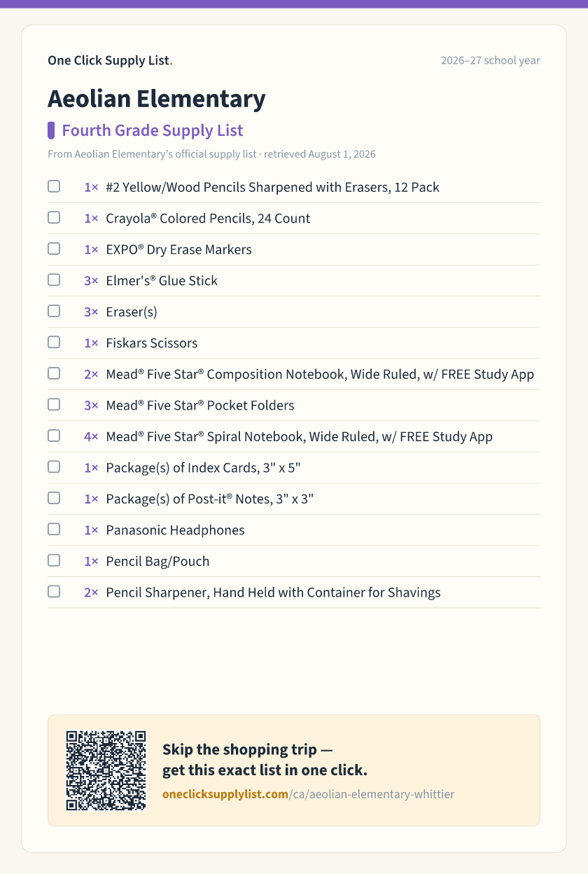 Aeolian Elementary Fourth Grade Supply List supply list — printable image