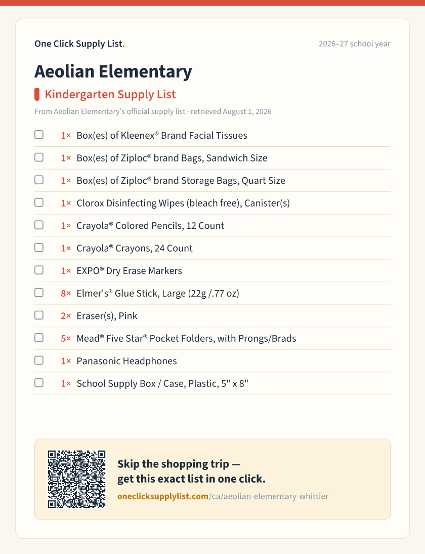 Aeolian Elementary Kindergarten Supply List supply list — printable image