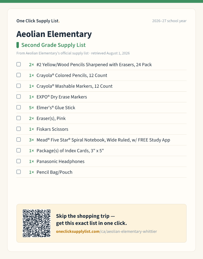 Aeolian Elementary Second Grade Supply List supply list — printable image
