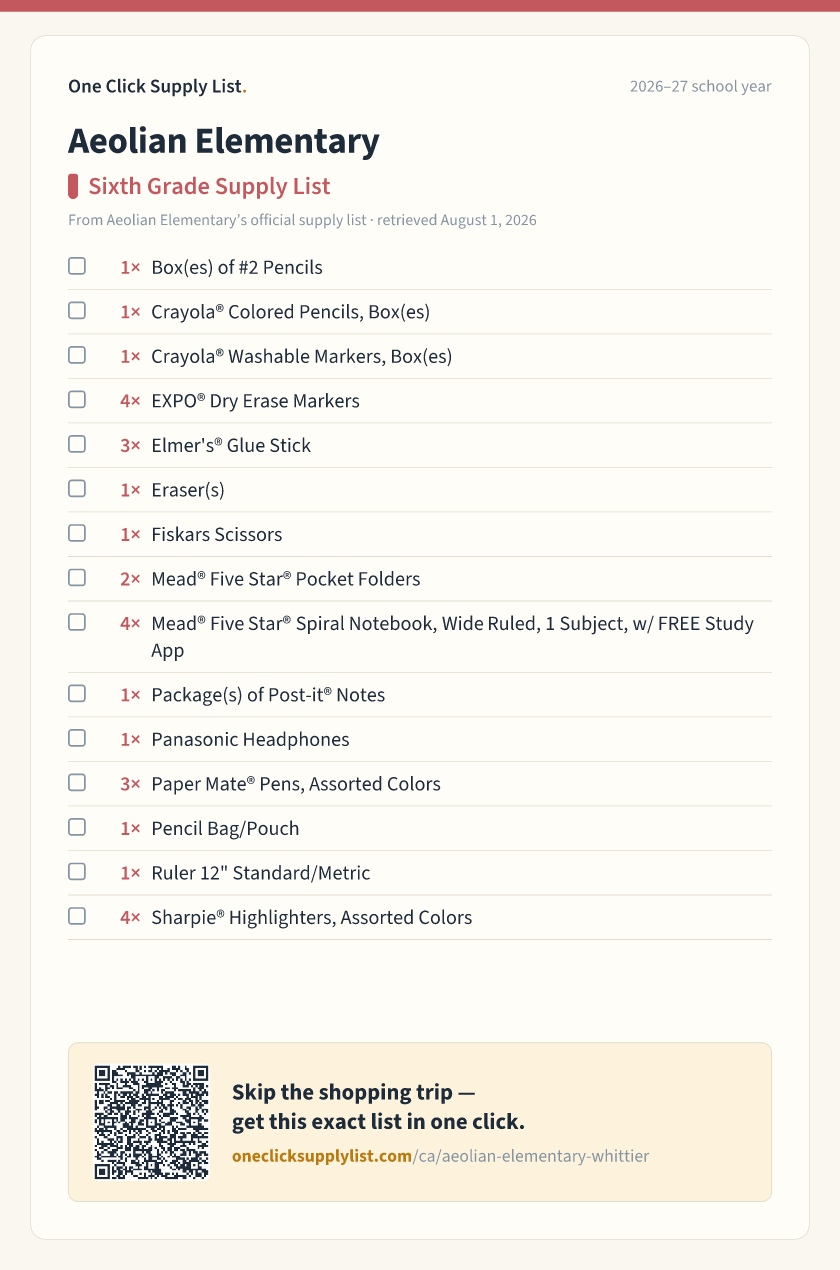 Aeolian Elementary Sixth Grade Supply List supply list — printable image