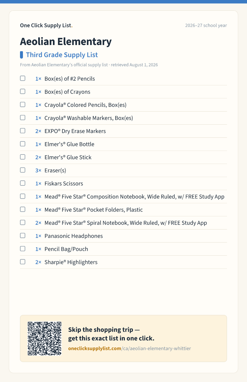 Aeolian Elementary Third Grade Supply List supply list — printable image