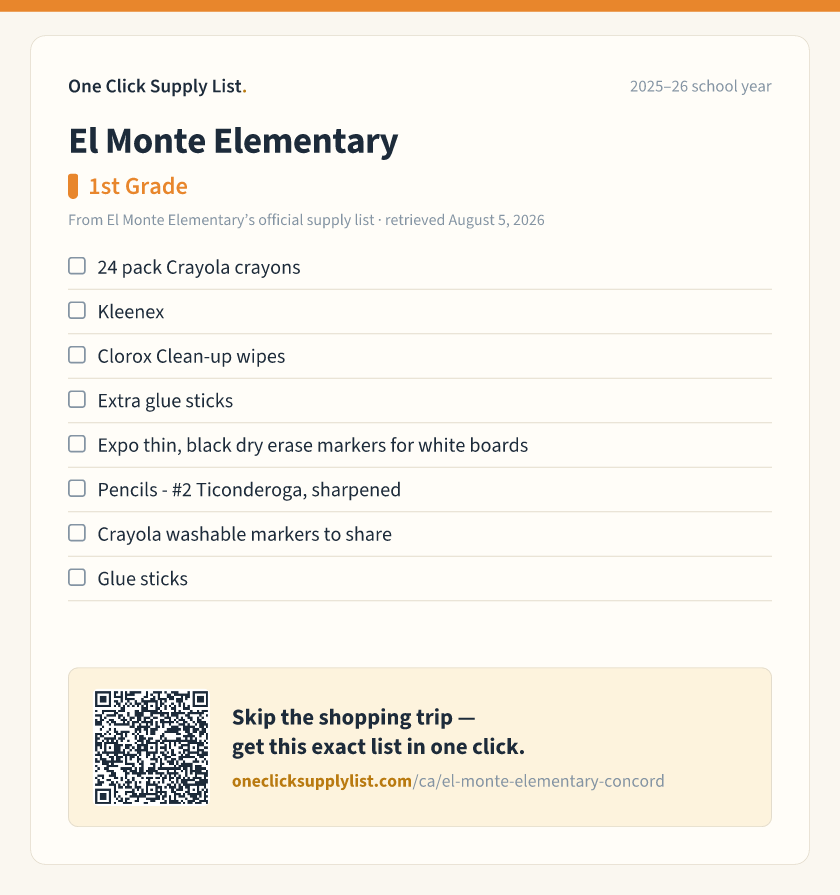 El Monte Elementary 1st Grade supply list — printable image