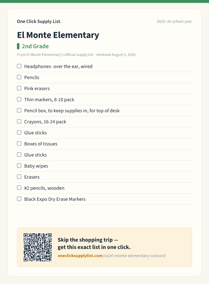 El Monte Elementary 2nd Grade supply list — printable image