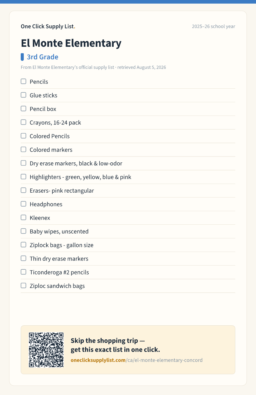 El Monte Elementary 3rd Grade supply list — printable image