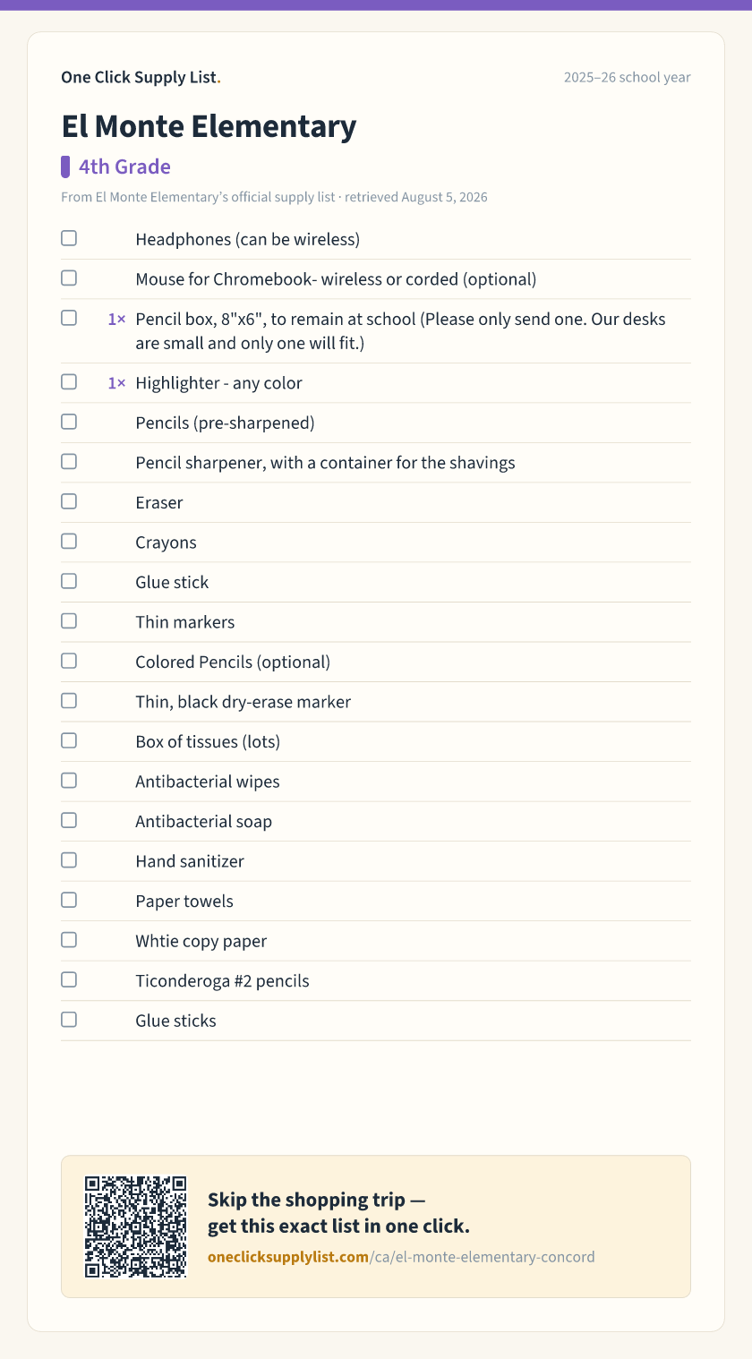 El Monte Elementary 4th Grade supply list — printable image