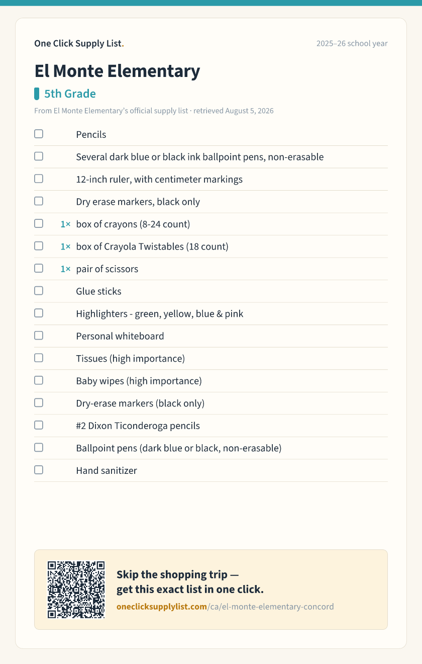 El Monte Elementary 5th Grade supply list — printable image