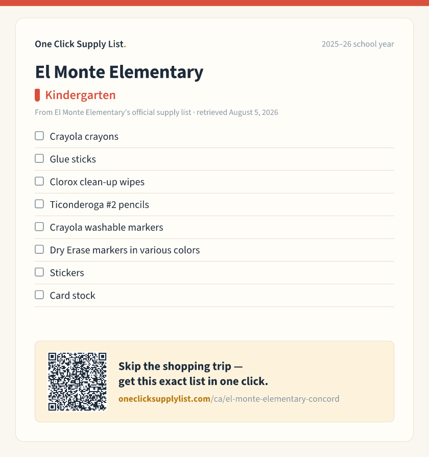 El Monte Elementary Kindergarten supply list — printable image