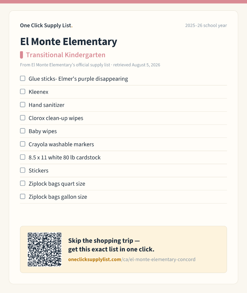 El Monte Elementary Transitional Kindergarten supply list — printable image