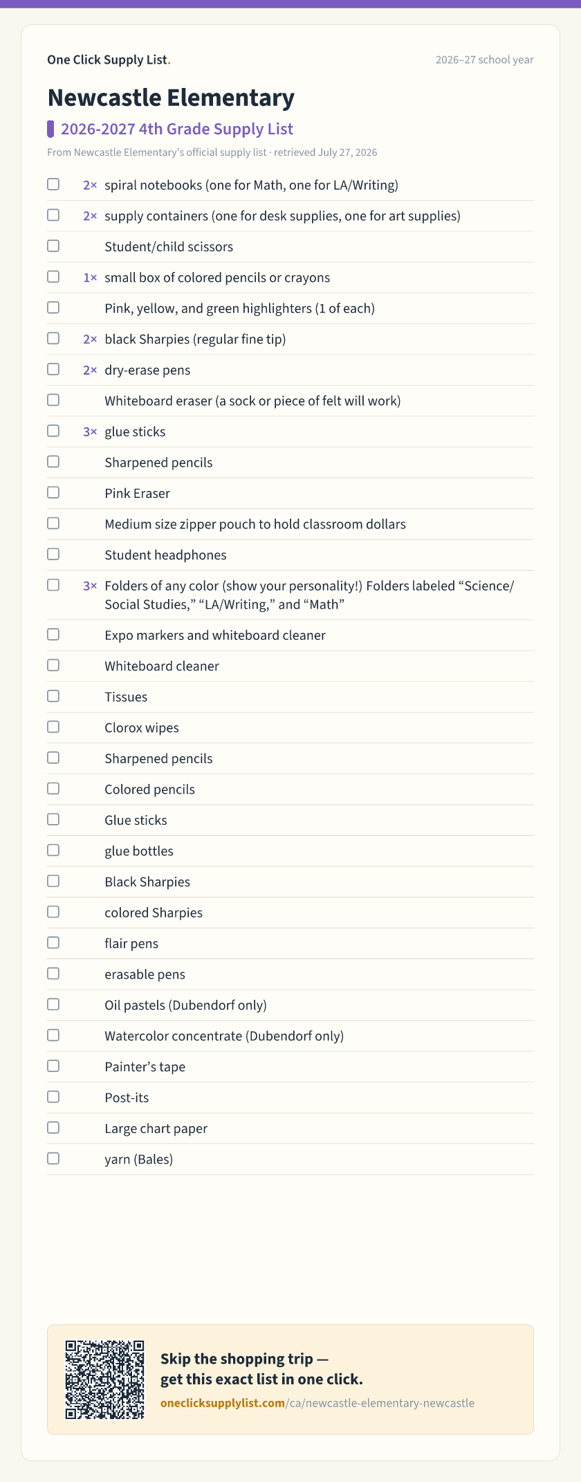 Newcastle Elementary 2026-2027 4th Grade Supply List supply list — printable image