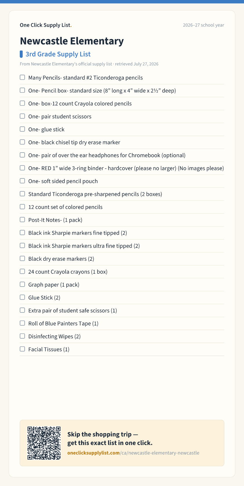 Newcastle Elementary 3rd Grade Supply List supply list — printable image