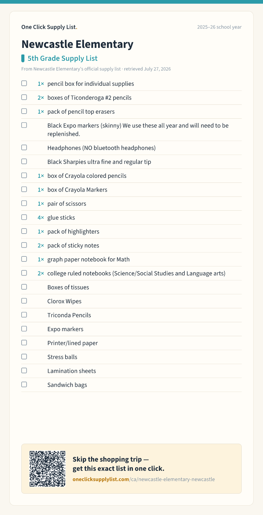 Newcastle Elementary 5th Grade Supply List supply list — printable image