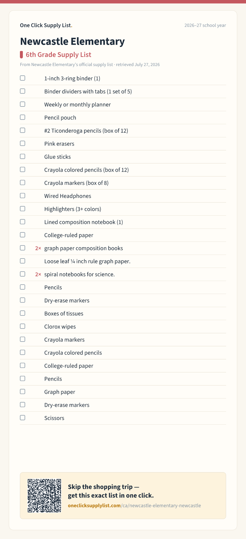 Newcastle Elementary 6th Grade Supply List supply list — printable image
