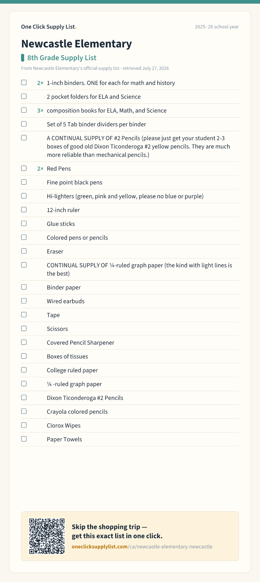Newcastle Elementary 8th Grade Supply List supply list — printable image