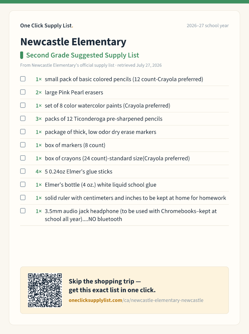 Newcastle Elementary Second Grade Suggested Supply List supply list — printable image