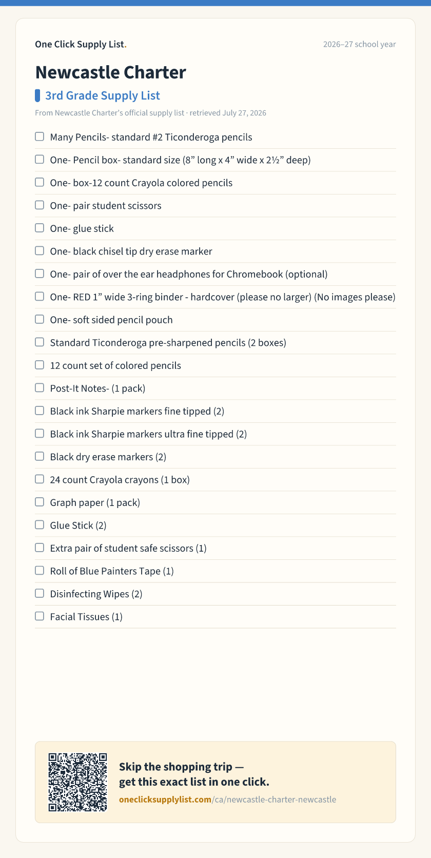 Newcastle Charter 3rd Grade Supply List supply list — printable image