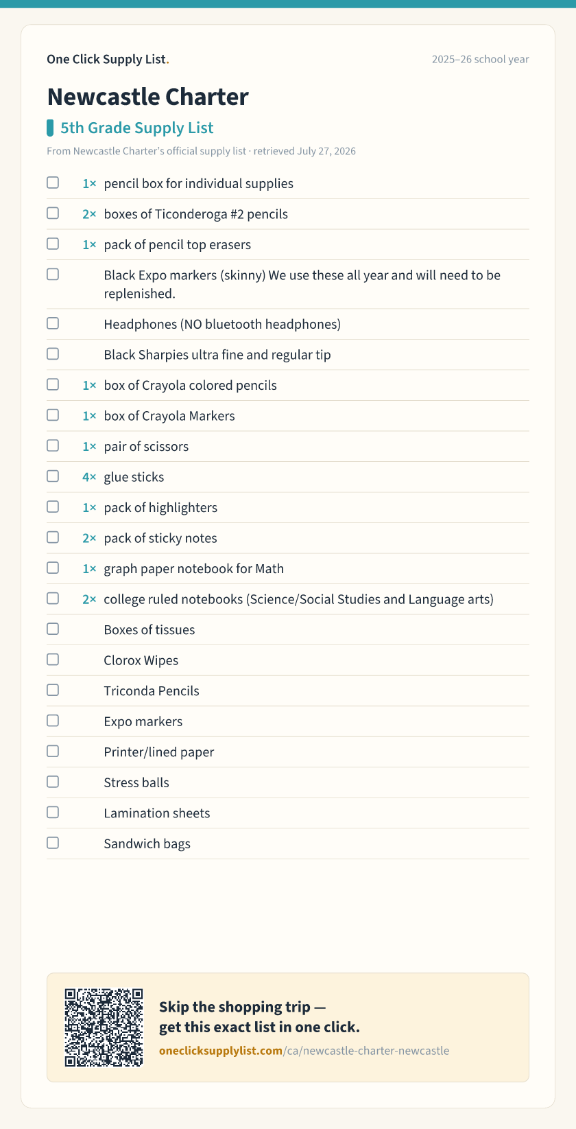 Newcastle Charter 5th Grade Supply List supply list — printable image