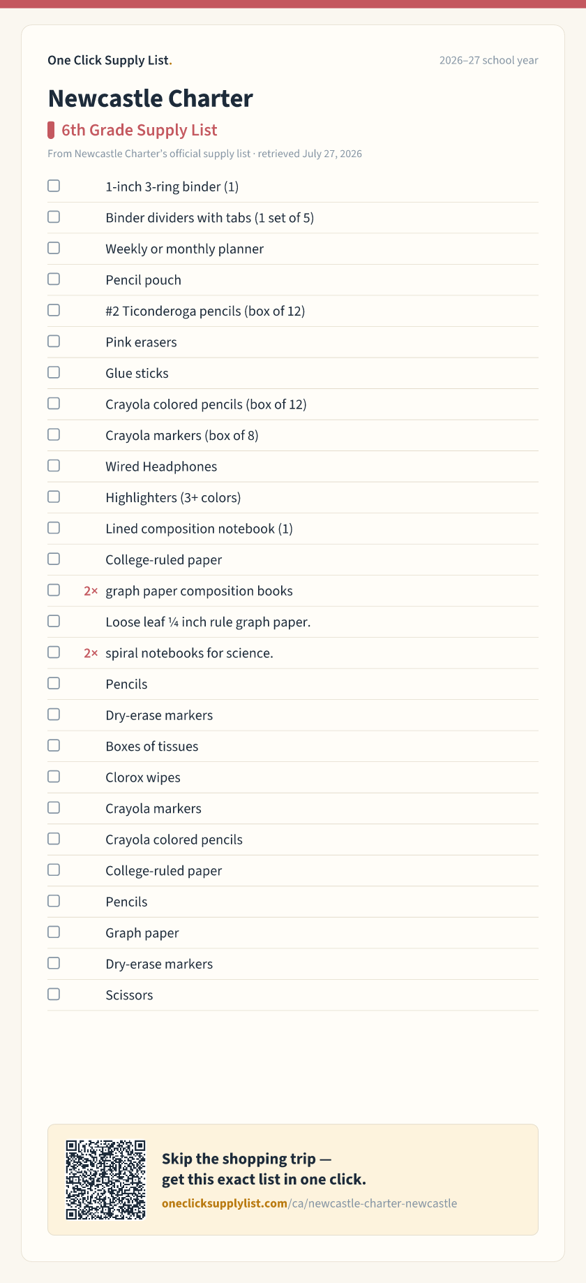Newcastle Charter 6th Grade Supply List supply list — printable image