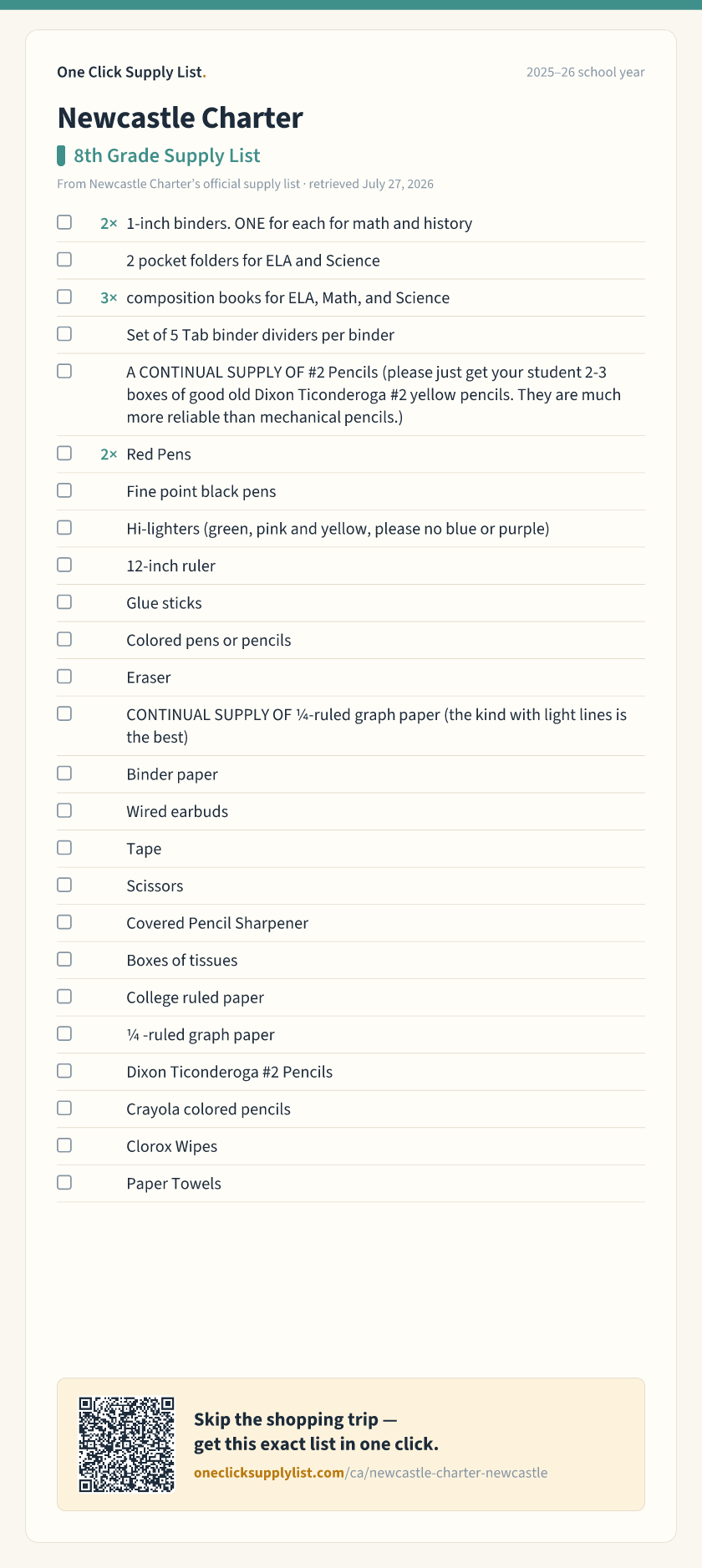 Newcastle Charter 8th Grade Supply List supply list — printable image
