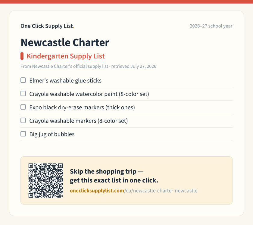 Newcastle Charter Kindergarten Supply List supply list — printable image