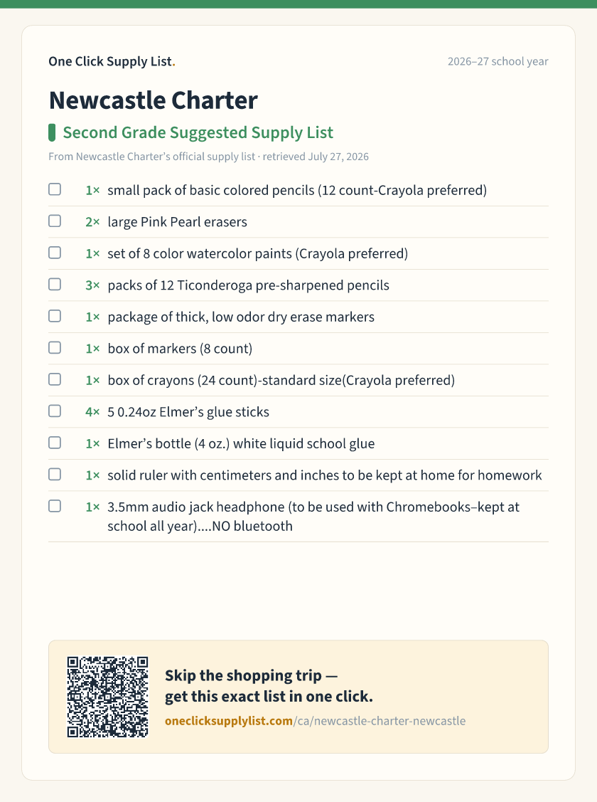 Newcastle Charter Second Grade Suggested Supply List supply list — printable image