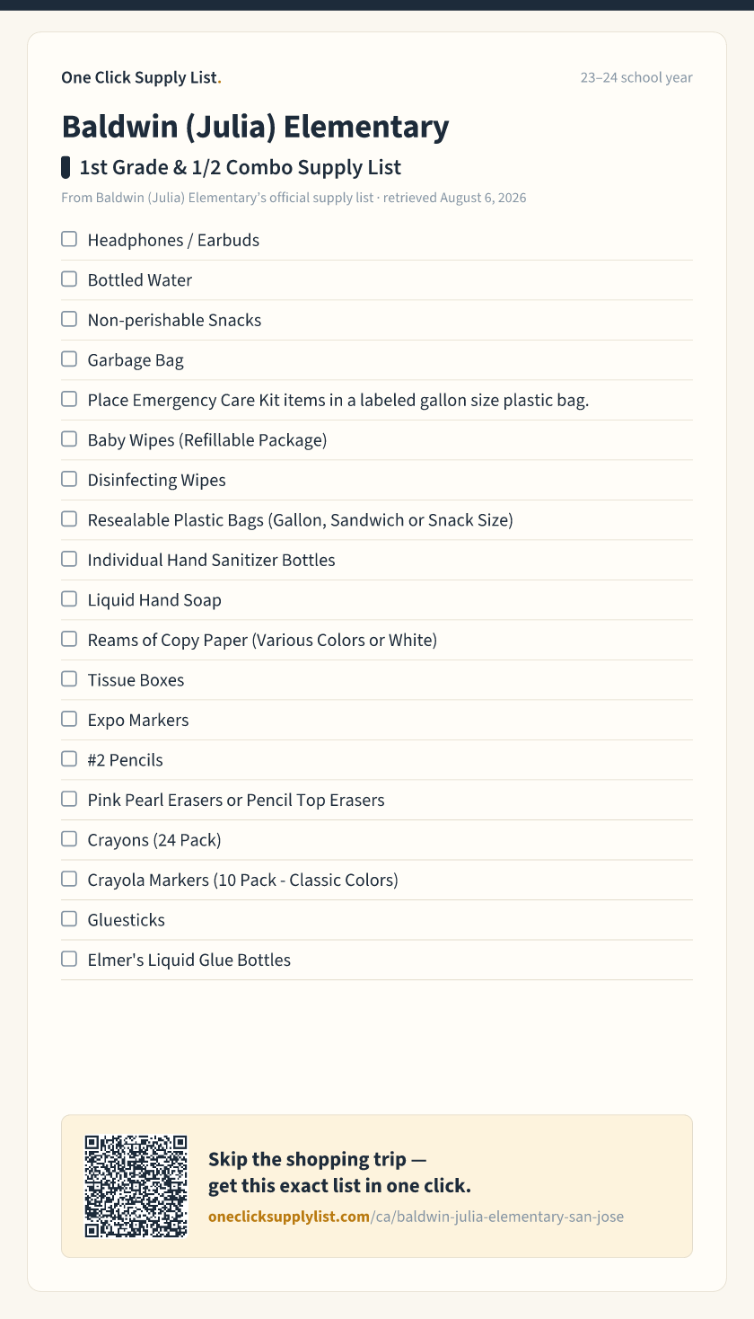 Baldwin (Julia) Elementary 1st Grade & 1/2 Combo Supply List supply list — printable image