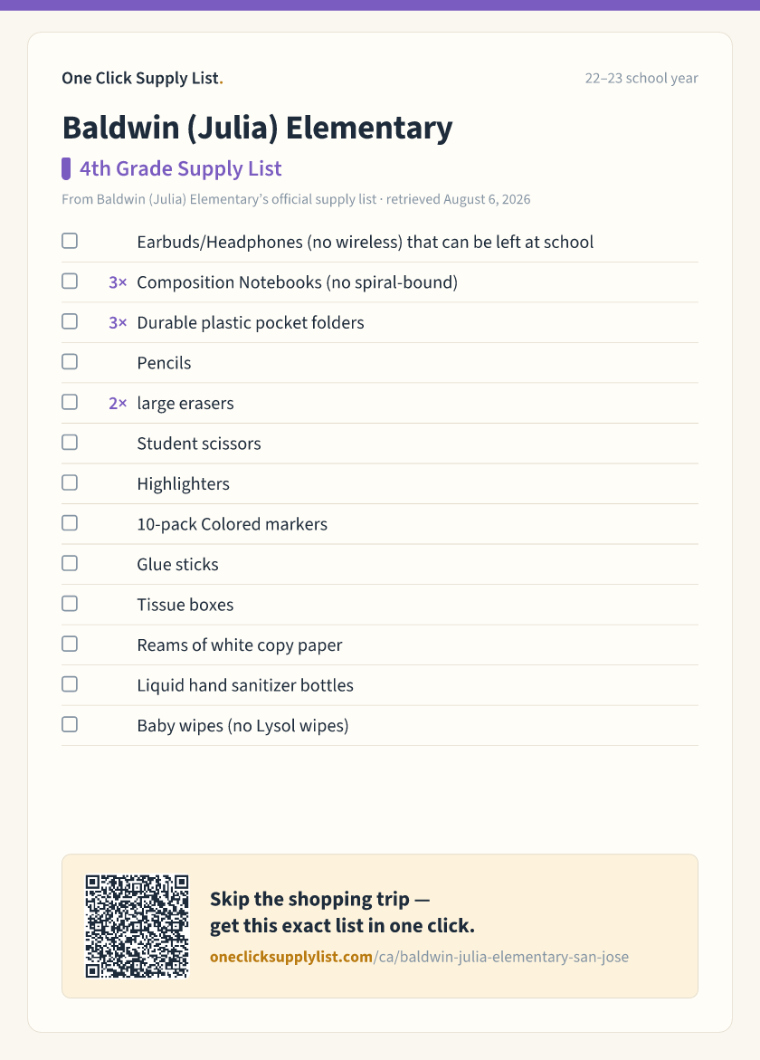 Baldwin (Julia) Elementary 4th Grade Supply List supply list — printable image