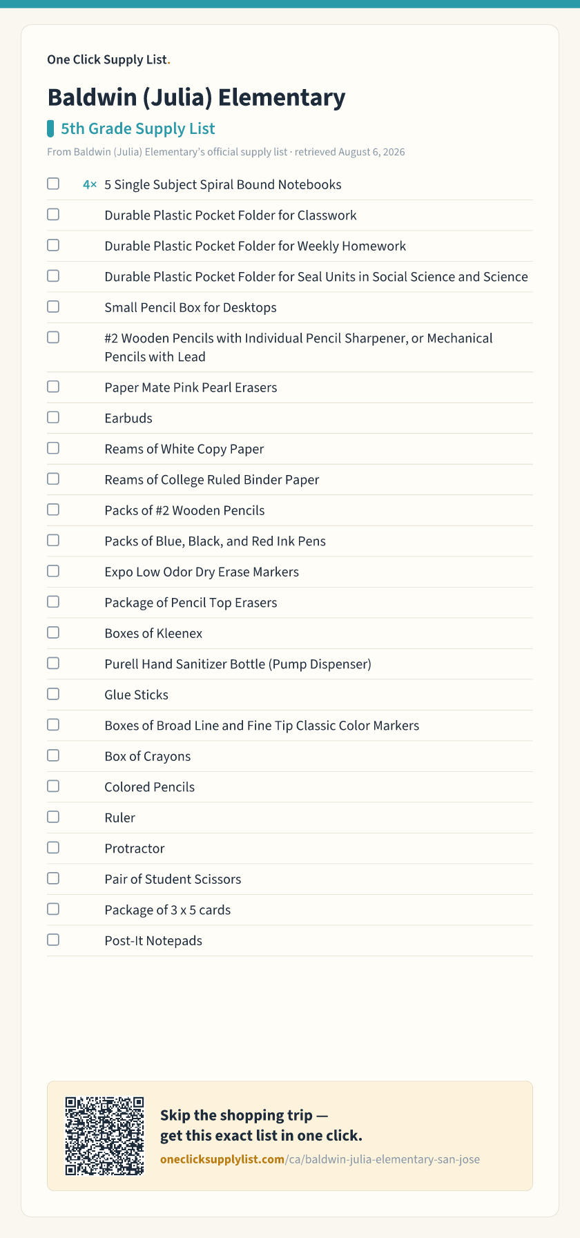 Baldwin (Julia) Elementary 5th Grade Supply List supply list — printable image