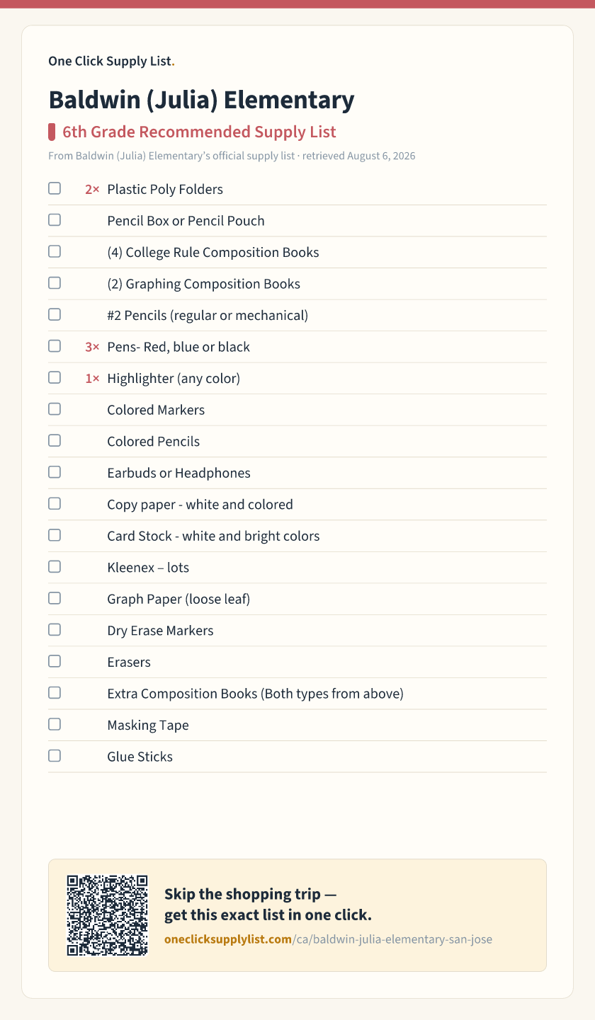 Baldwin (Julia) Elementary 6th Grade Recommended Supply List supply list — printable image