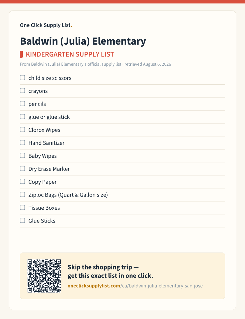 Baldwin (Julia) Elementary KINDERGARTEN SUPPLY LIST supply list — printable image