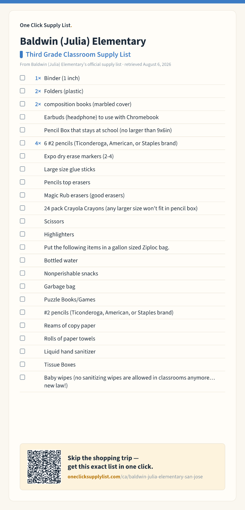 Baldwin (Julia) Elementary Third Grade Classroom Supply List supply list — printable image