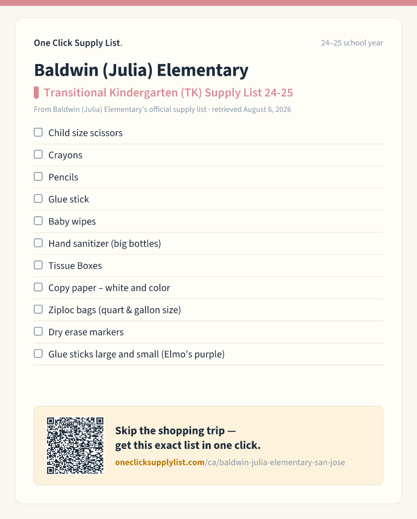 Baldwin (Julia) Elementary Transitional Kindergarten (TK) Supply List 24-25 supply list — printable image