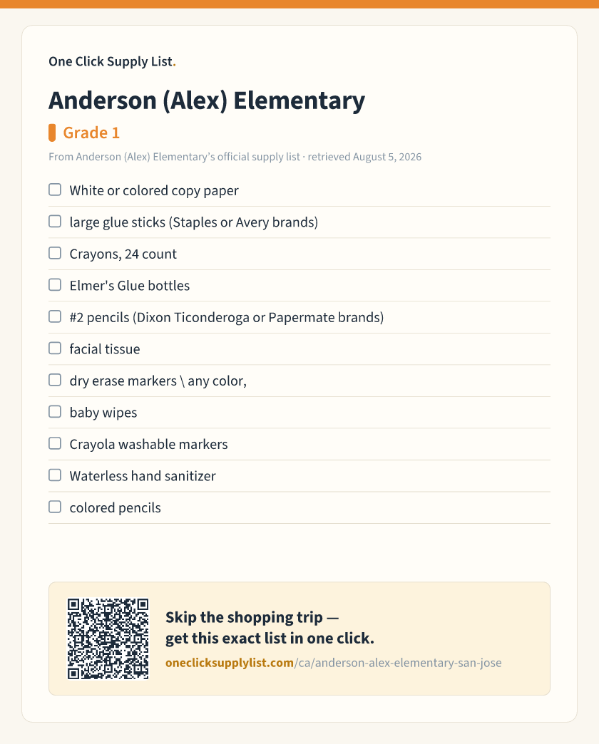 Anderson (Alex) Elementary Grade 1 supply list — printable image