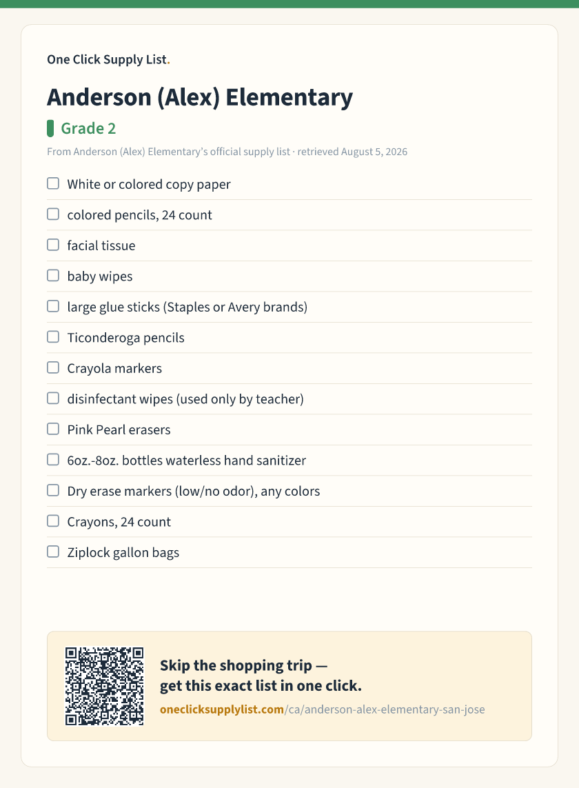 Anderson (Alex) Elementary Grade 2 supply list — printable image