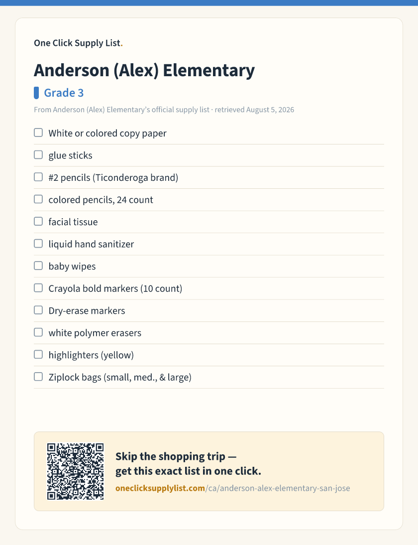 Anderson (Alex) Elementary Grade 3 supply list — printable image