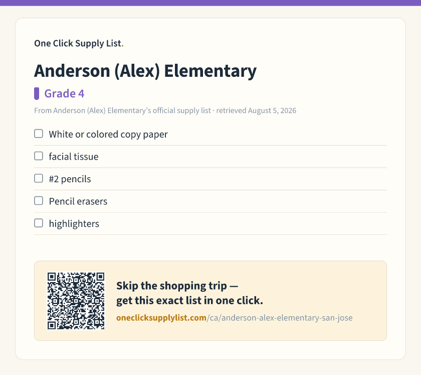 Anderson (Alex) Elementary Grade 4 supply list — printable image