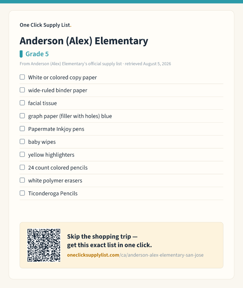 Anderson (Alex) Elementary Grade 5 supply list — printable image
