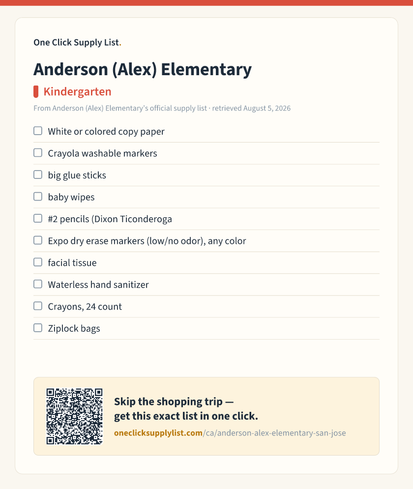 Anderson (Alex) Elementary Kindergarten supply list — printable image