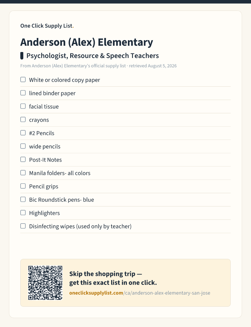 Anderson (Alex) Elementary Psychologist, Resource & Speech Teachers supply list — printable image