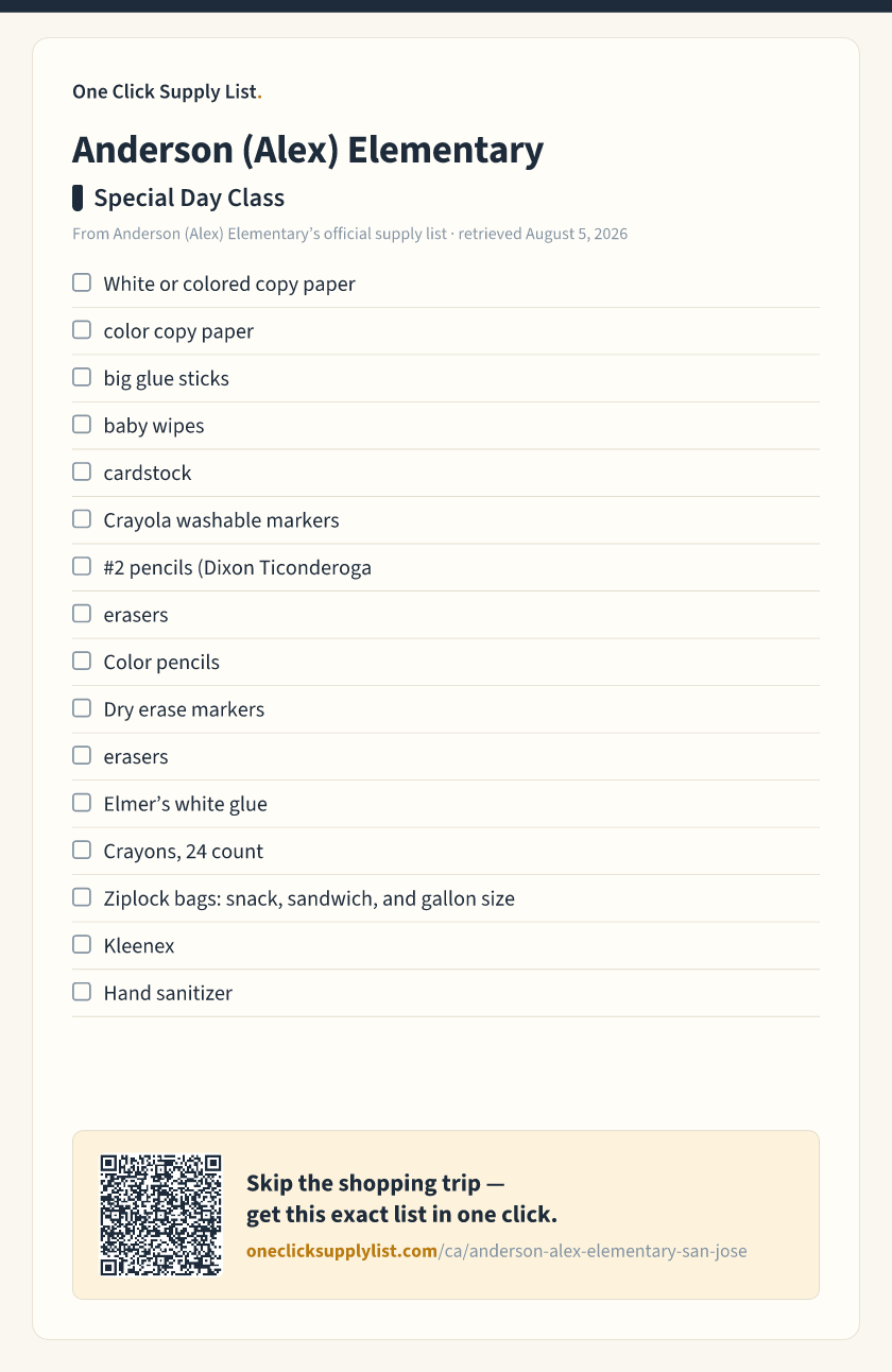 Anderson (Alex) Elementary Special Day Class supply list — printable image