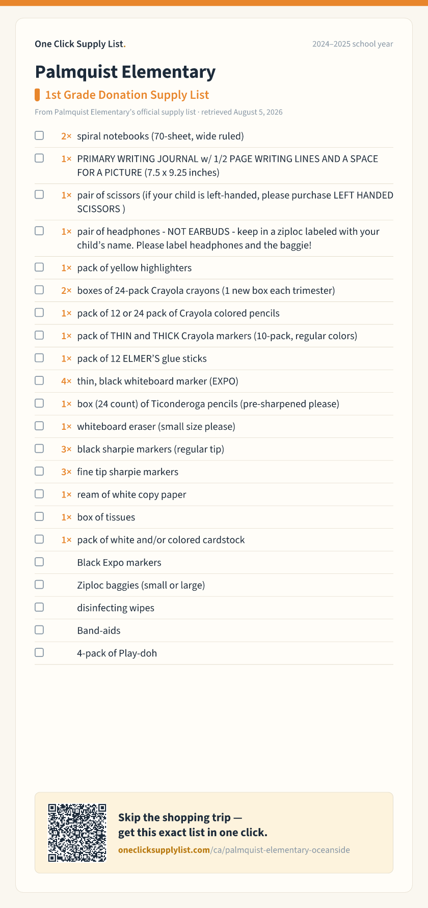 Palmquist Elementary 1st Grade Donation Supply List supply list — printable image