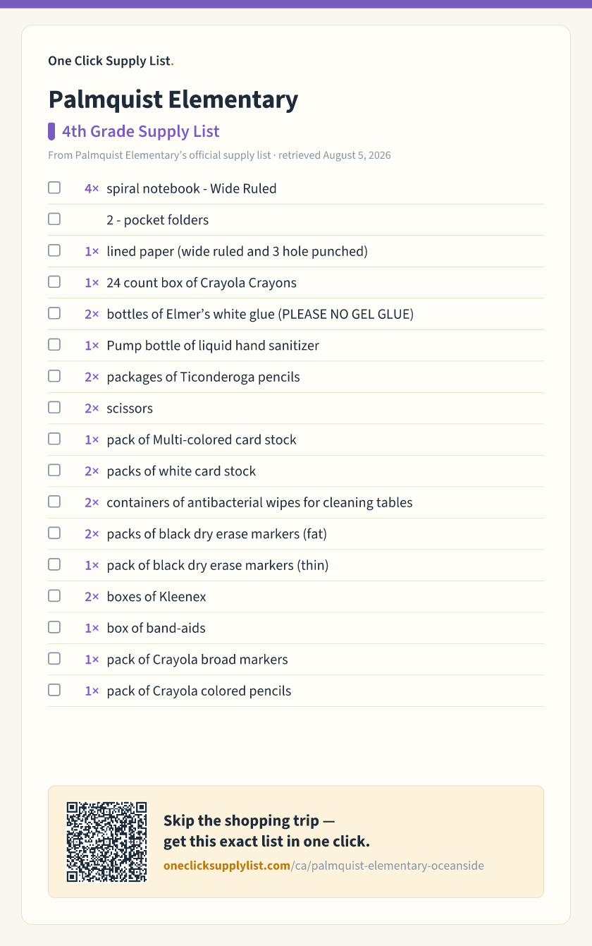 Palmquist Elementary 4th Grade Supply List supply list — printable image