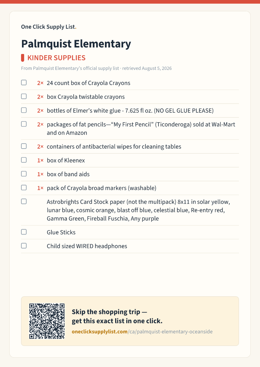 Palmquist Elementary KINDER SUPPLIES supply list — printable image