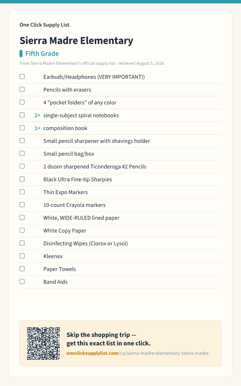 Sierra Madre Elementary Fifth Grade supply list — printable image