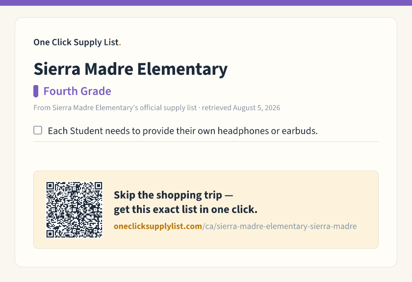 Sierra Madre Elementary Fourth Grade supply list — printable image