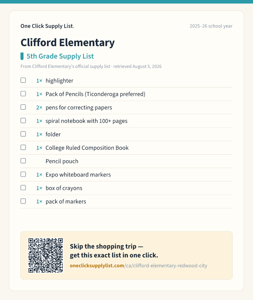 Clifford Elementary 5th Grade Supply List supply list — printable image
