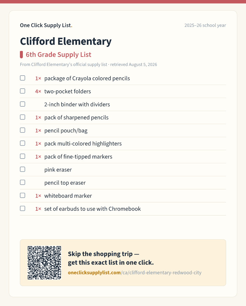 Clifford Elementary 6th Grade Supply List supply list — printable image