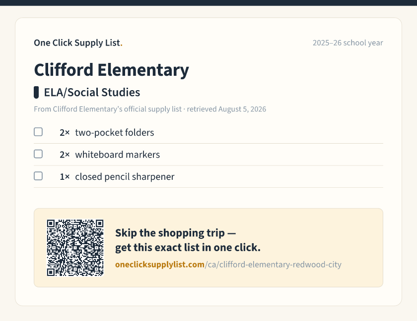 Clifford Elementary ELA/Social Studies supply list — printable image