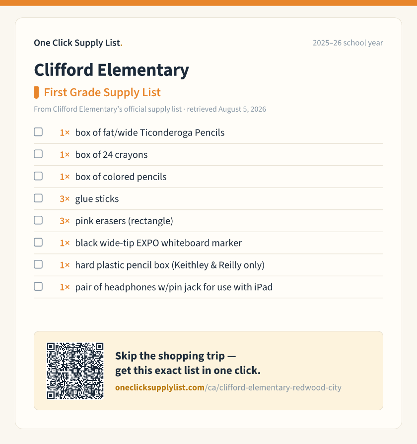 Clifford Elementary First Grade Supply List supply list — printable image