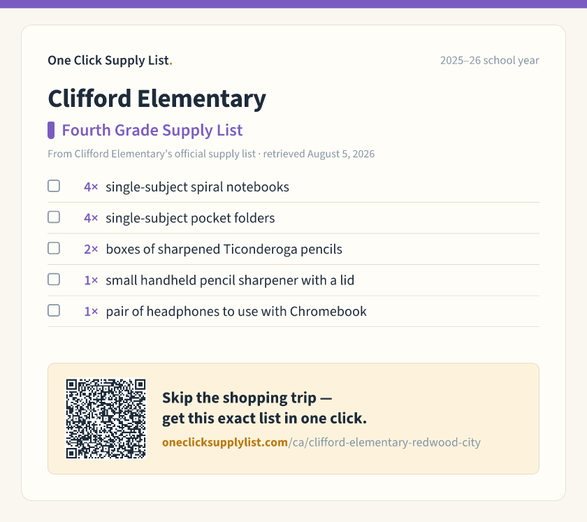 Clifford Elementary Fourth Grade Supply List supply list — printable image